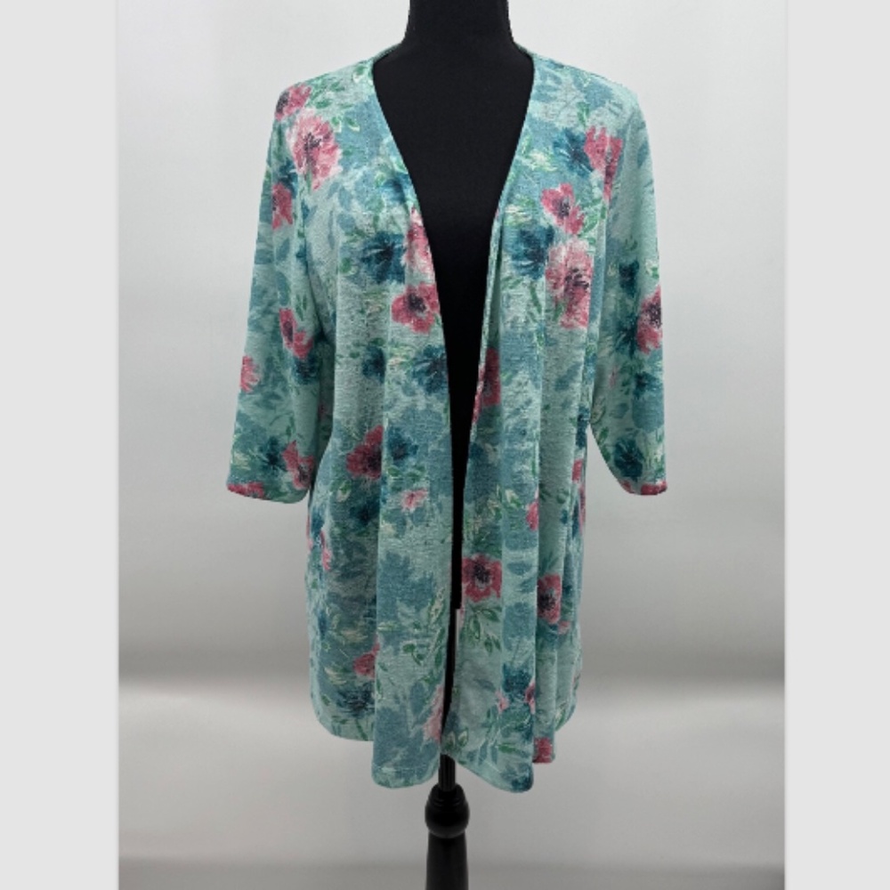 Catherines Duster Women 1X Petite Green Floral Lightweight 3/4 Sleeve Cottage
